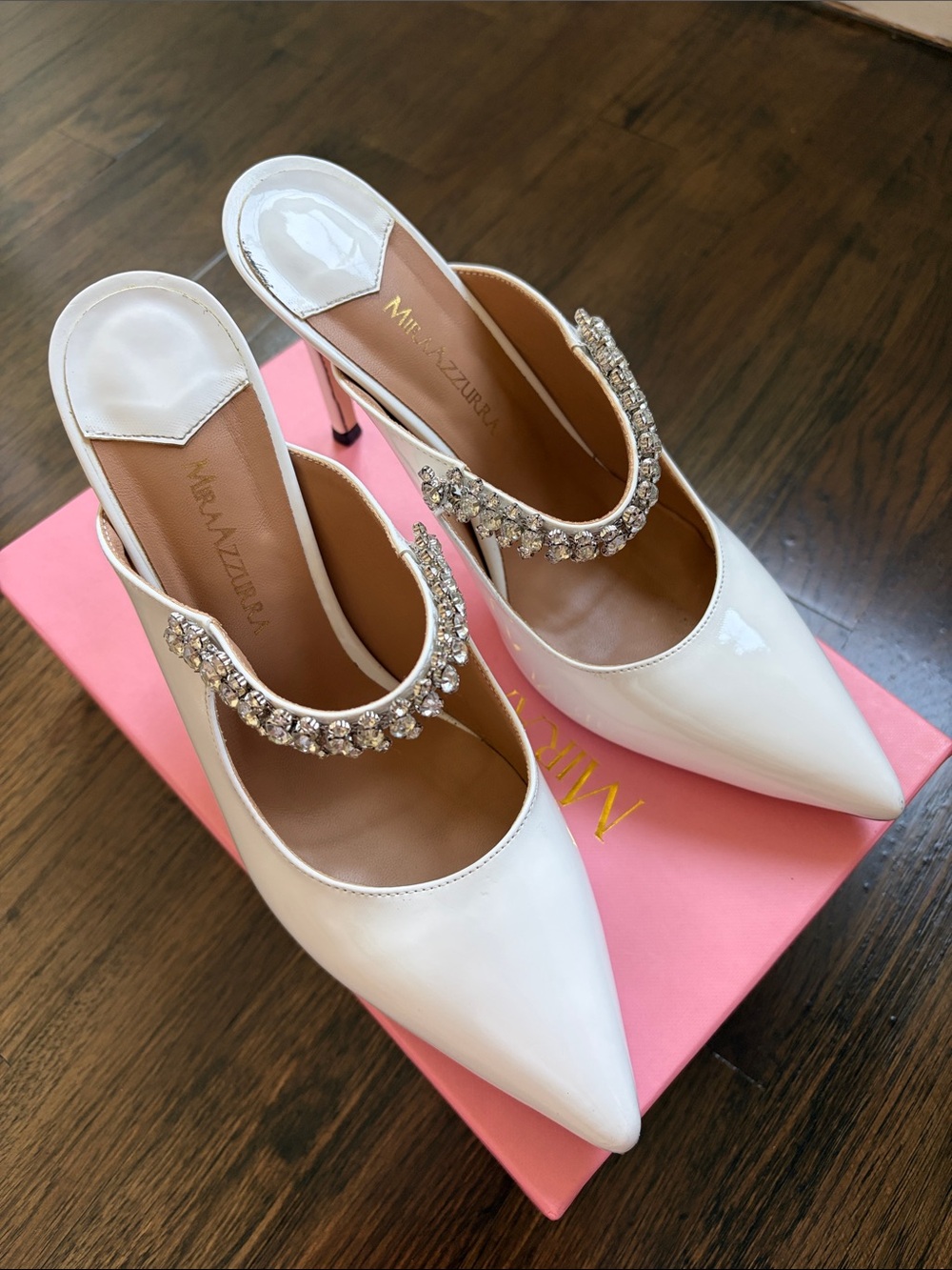 White Patent Pointed-Toe Mule with Crystal Strap